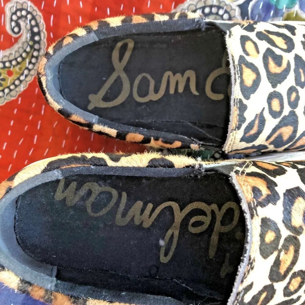 Sam Edelman Leopard Calf Hair Slip On Sneakers Size 7 Tan Black  Lacey